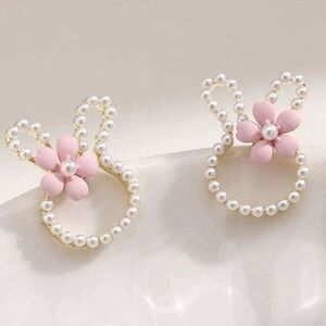 Easter Bunny Rabbit Spring Faux Pearl & Floral Stud Earrings